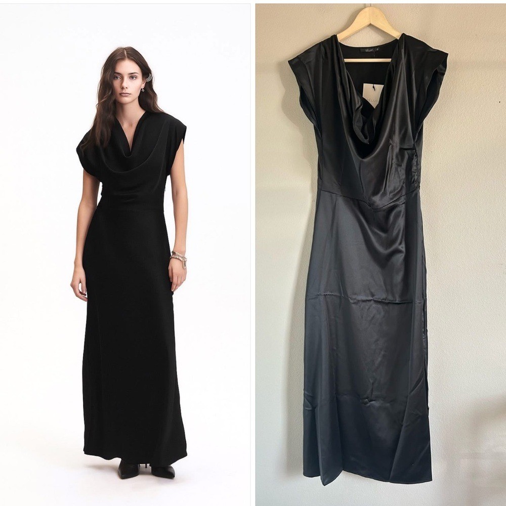 Deluc Dahlia Black Satin Cowl Neck evening Gown Medium A1=3