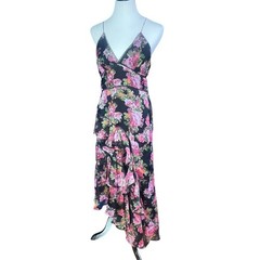 Keepsake the Label Floral Ruffle High Low Midi Dress Black Pink USA 8 Large