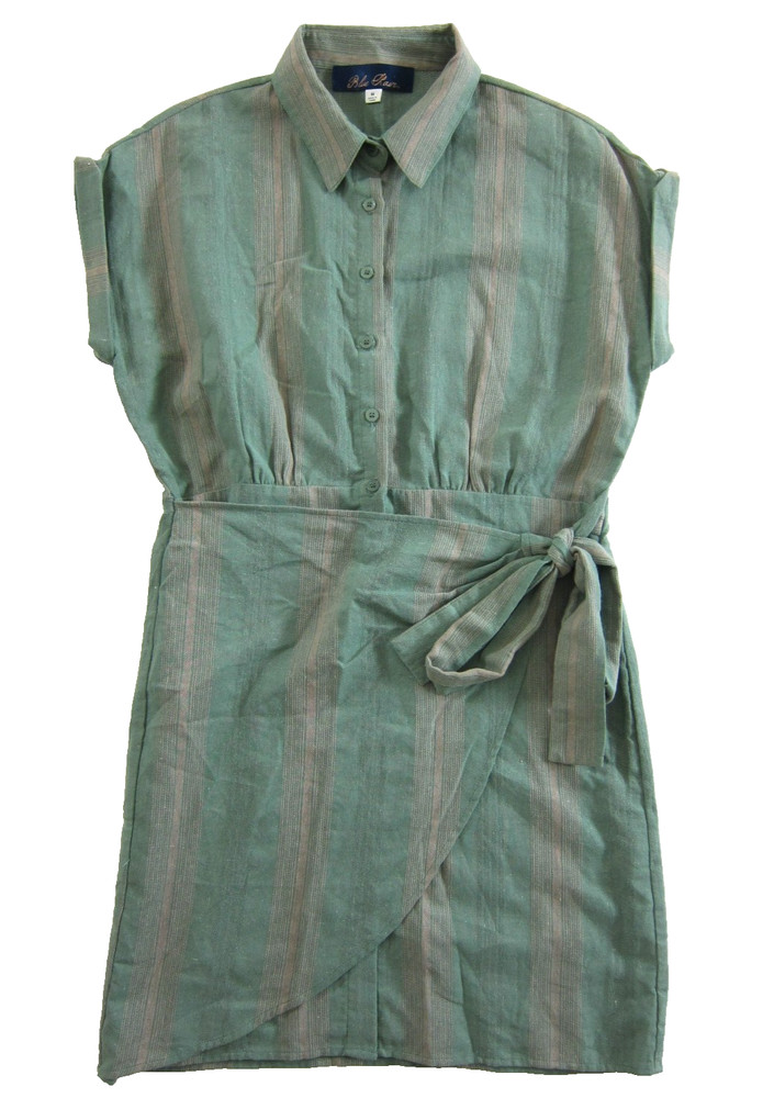 Blue Rain Green Cap Sleeve Collared Button Down Shirt Wrap Dress Medium