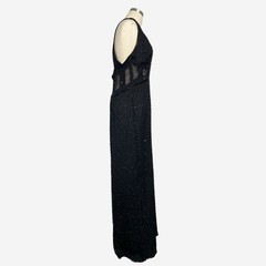 Vintage 90s Scala Silk black beaded sequin sheer panel cross back gown formal L