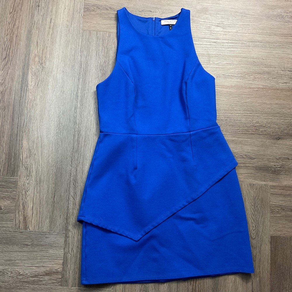 Halston Heritage Sleeveless Asymmetrical Peplum Cutout Dress 6 Royal Blue Classy