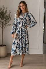 The Limited Abstract Print Tie Waist Midi Dress – Blue & Cream – Medium