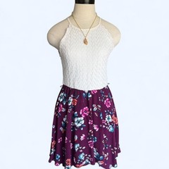 Lily Rose Womens Floral Lace Halter Handkerchief Hem Dress Burgundy White Small