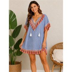 Entro Striped Tassel Cover-Up Tunic | Size Large | Resort Beach Wear Cover Up