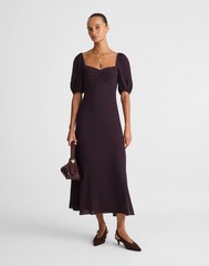 Madewell Puff-Sleeve Sweetheart Midi Dress NWT Size 4 Abstract Leaf Navy Burg