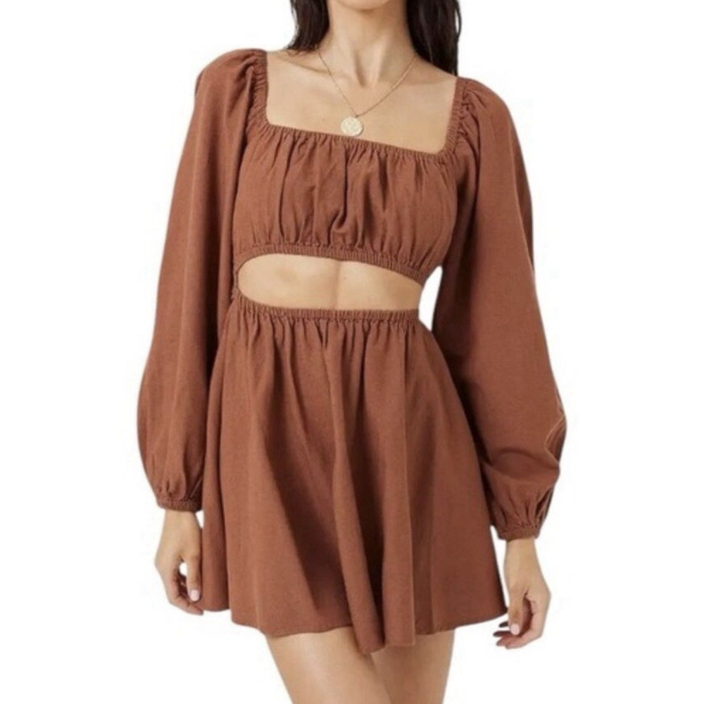 L*SPACE Brown Solid Square Neck Cutout Puff Sleeve Tie Back Mini Dress SM