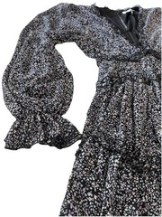 She & Sky Floral Navy Blue Cottagecore Peasant Ruffled V-Neck Mini Dress (Small)