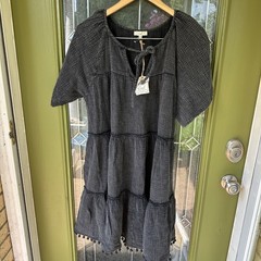 Easel Mineral Washed Cotton Gauze Black Ruffle Pom Pom Boho Dress Medium Baggy