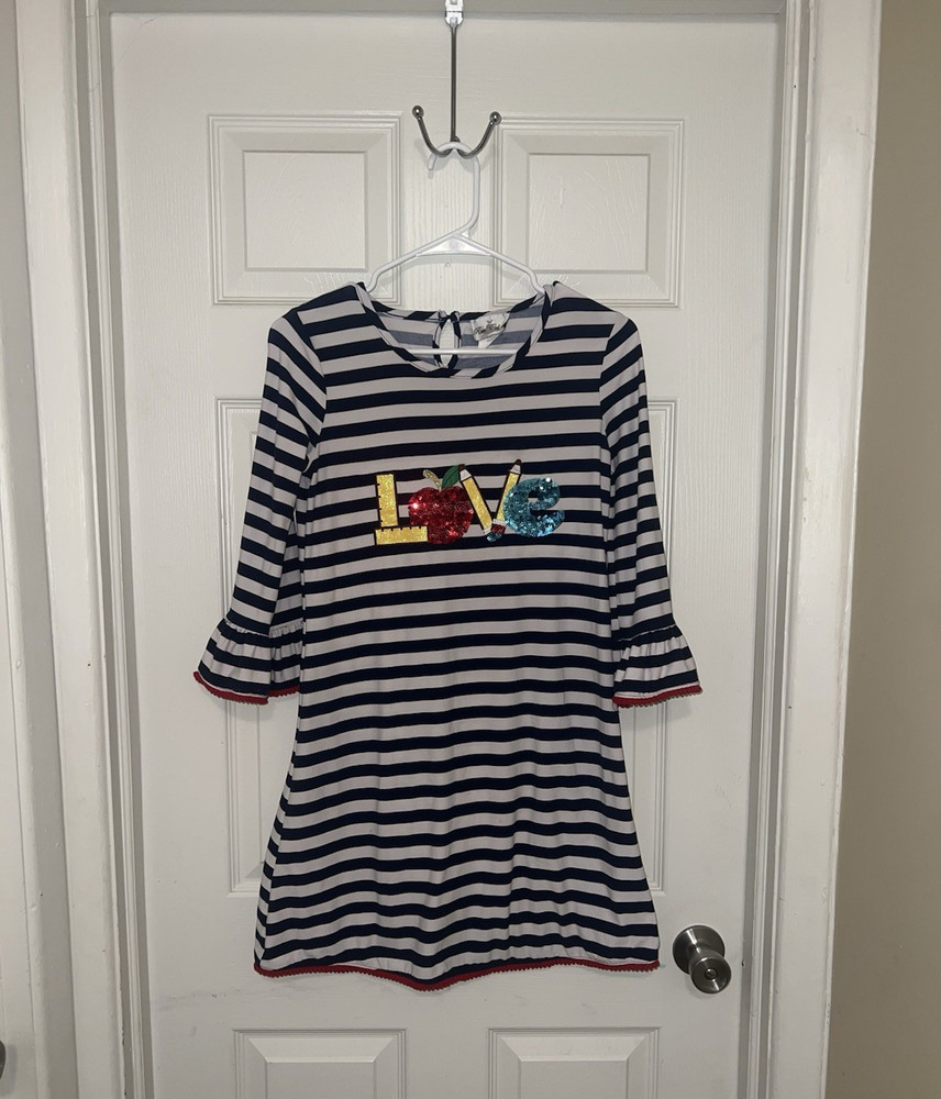 Rare Editions Navy White Striped Shift Dress Back to School « LOVE » Ruffle Trim