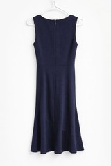 Elegant Navy Blue Sleeveless Draped Wrap Midi Dress Side Slit Lined Size M