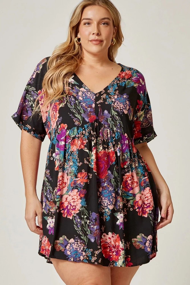 NWT Andree by UNIT Black Floral Romantic Feminine Babydoll Mini Dress SIZE 1X