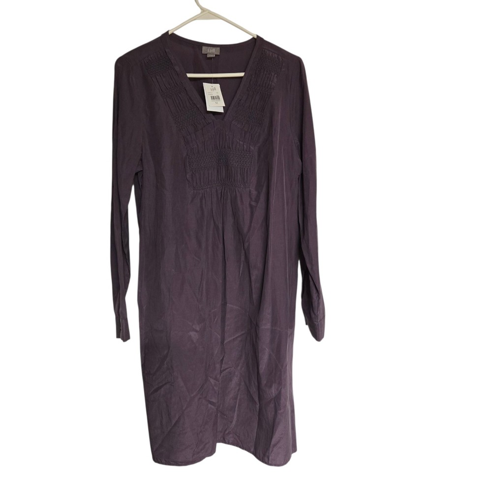 J Jill Silk Shirt Dress Size Medium Purple Pintuck Long Sleeve Shift Button Cuff