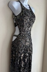 Cassandra Stone Mac Duggal Beaded Sequin Gown 6 Backless Formal Prom Thigh Slit