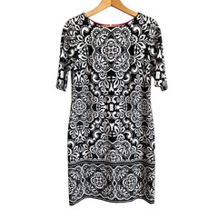 Eliza J Black White Baroque Shift Dress Knee Length 1/2 Sleeve Size 8 Classic