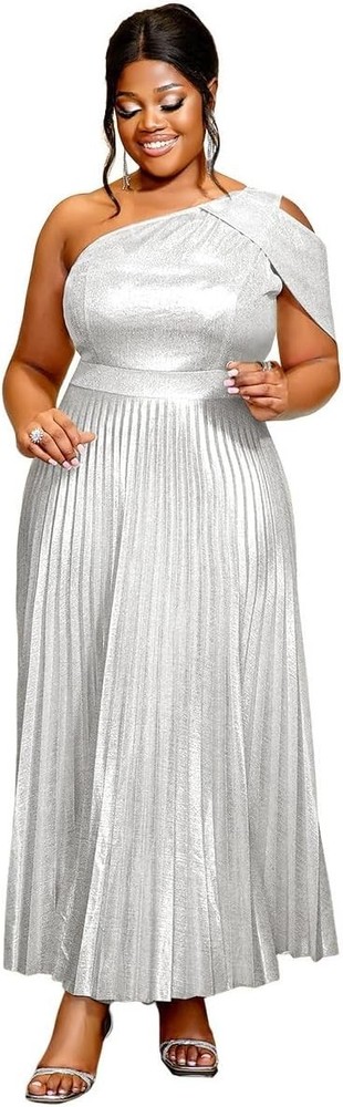 AOMEI Womens Sparkly Metallic Flowy Pleated Dress One Shoulder Empire Waist Long