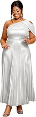 AOMEI Womens Sparkly Metallic Flowy Pleated Dress One Shoulder Empire Waist Long
