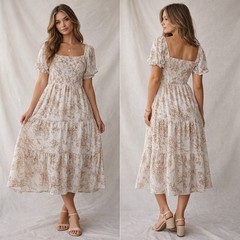 NWT SHE SKY Sz L Floral Smocked Midi Dress Puff Sleeve Boho Cottagecore Tiered