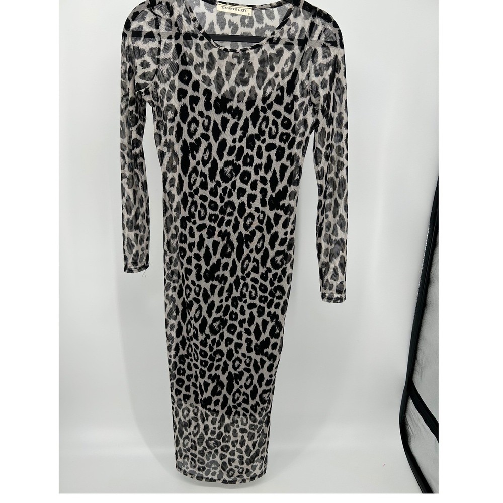 Tiffany & Grey Leopard Print Mesh Midi Dress Grey Black Long Sleeve Small
