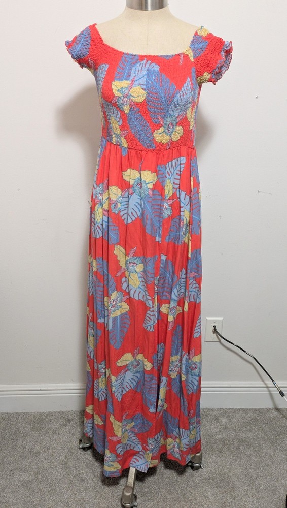 Lulus Patsy Coral Red Floral Print Off Shoulder Maxi Dress LARGE Resort Tropical