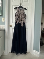 Betsy & Adam Navy Beaded Embroidered Chiffon Sleeveless Formal Gown 10P