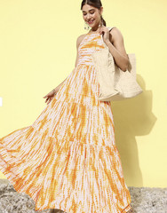 Women Yellow and White Shibori Dyed Maxi Dress Flared Tiered Summer Gown