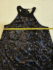 Miley and Molly Black Blue Sequin Halter A-Line Knee Dress L Lined Zip