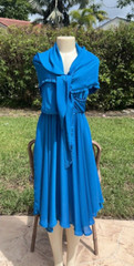VINTAGE LANVIN BLUE SLEEVELESS RUFFLE DETAIL SHAWL & DRESS Sz M MADE IN FRANCE