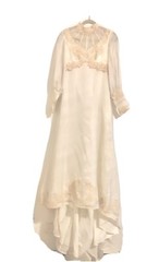 Unbranded Vintage 70’s Victorian Style Ivory/Tan Lace High Neck Hi Lo Dress S