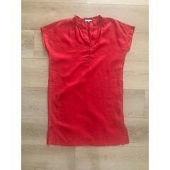 Mat de Misaine Red 100% Linen Ruffle Henley Shift Dress Side Pockets ROSARIO