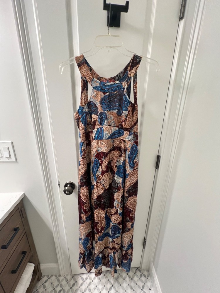 Boho XS Maxi Brown and Blue Paisley Chiffon Dress with Back Cutouts