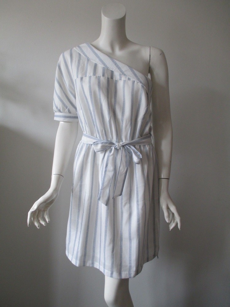 NWT After Market Stripe Pattern One Shoulder Tie Waist Short Sleeve Dress M