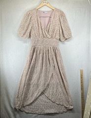 Retro Prairie Dress Large Faux Wrap Smocked Waist Ditzy Textured Floral Mauve