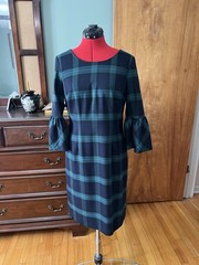Talbots Blue Green Plaid Midi Shift Dress Flounce Bell Sleeve Size 6