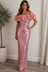 Women’s Pink Solid Sequin Off Shoulder Ruffle Long Gown Zip Closure Size L
