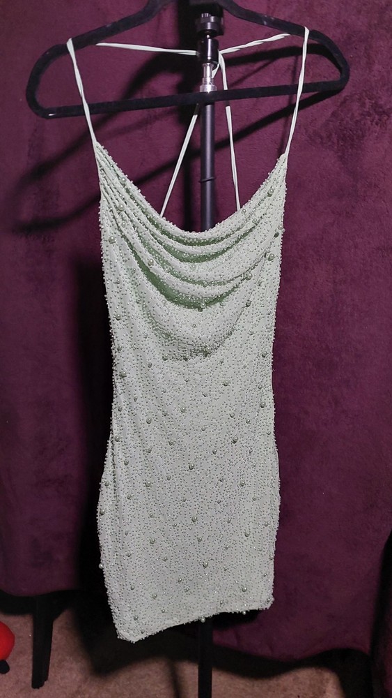 Windsor Green Mesh Beaded Sequin Cowl Neck Mini Slip Dress Party Size S