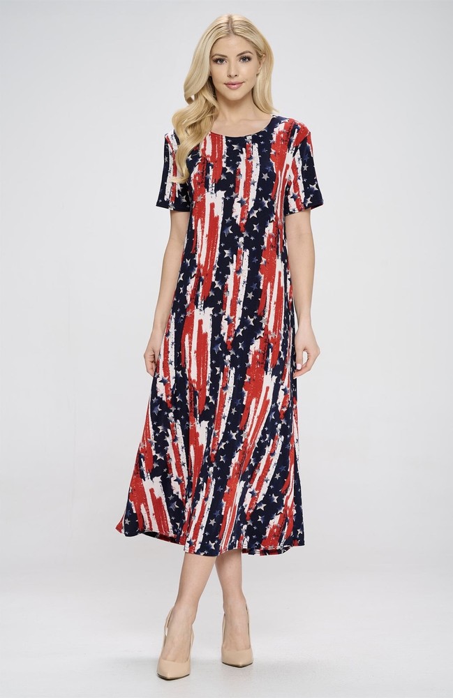 JOSTAR PATRIOTIC RED NAVY LONG DRESS Slinky Poly Spandex Knit S M L XL 2X 3X
