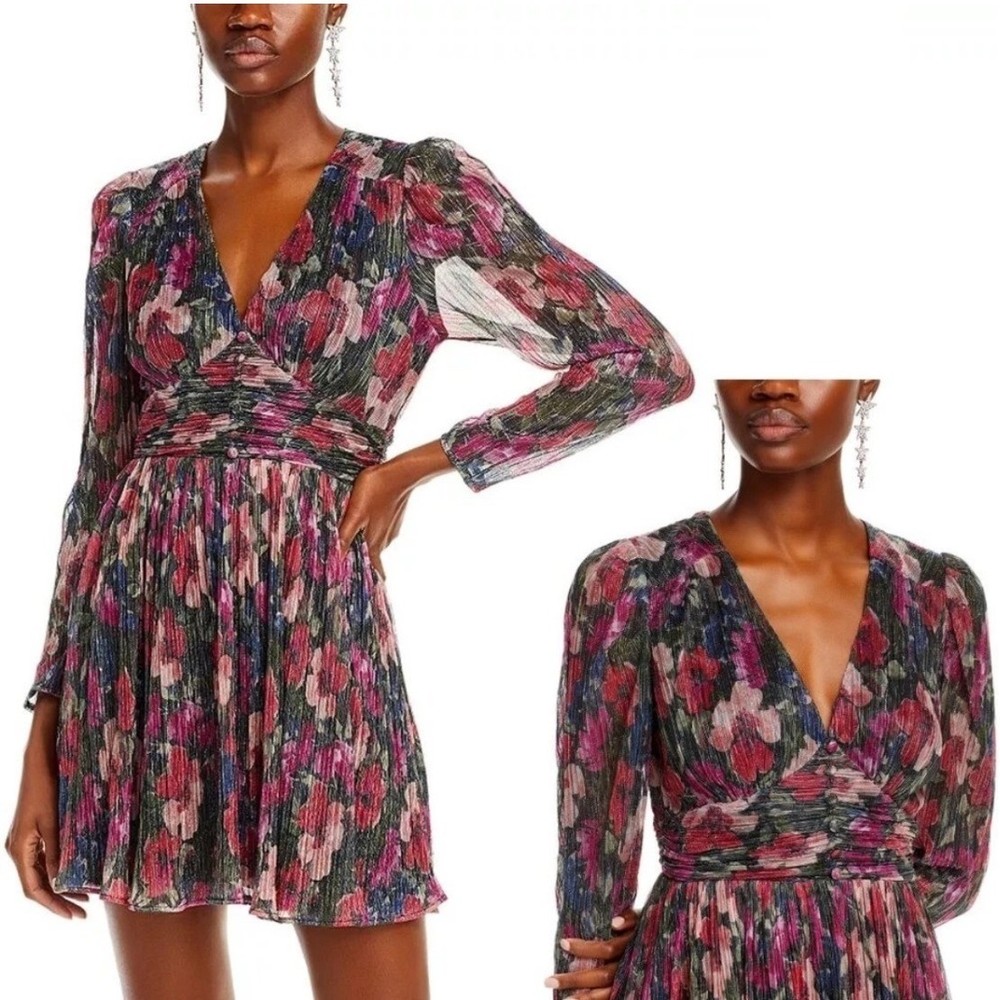 Dex Floral Metallic Pleated Mini Dress Long Sleeve V-Neck Black Pink Small Nwot