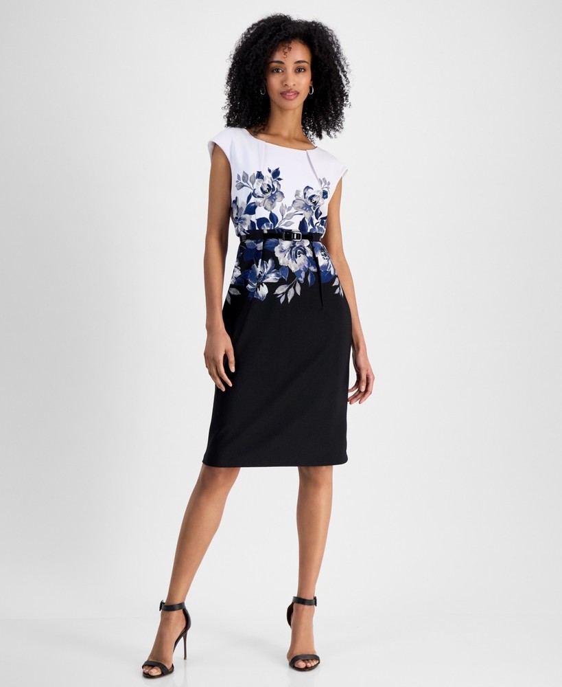 Connected Apparel Petite Jewel-Neck Printed Scuba Sheath Dress Women&rsquo;s 10P Cadet