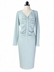 Escada Dalena Porcelain Light Blue Ruched Long Sleeve Knee Dress EU 44 US 12