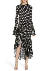 CAROLINE CONSTAS Black White Polka Dot Silk Bell Sleeve Ruffle Dress XS = 0/2 US