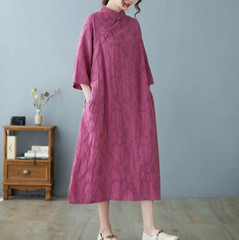 Womens Linen Cotton Long Sleeve Tunic Floral Chinese Qipao Cheongsam Dress Loose