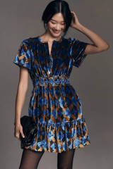 NEW By Anthropologie The Somerset Mini Dress: Velvet Edition Blue Motif Sz S NWT