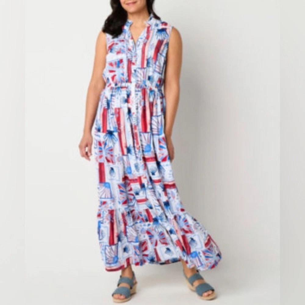 St. John&rsquo;s Bay Petite Sleeveless Multi Shells Print Dress Red White Blue Size S