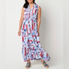 St. John&rsquo;s Bay Petite Sleeveless Multi Shells Print Dress Red White Blue Size S