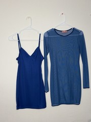 LUX LA Size M Blue Mesh Overlay Dress Set Slip Long Sleeve Stretch USA(E17)