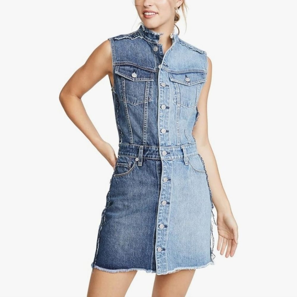HUDSON Two-Toned Distressed Button-Down Sleeveless Denim Dress SIZE: M
