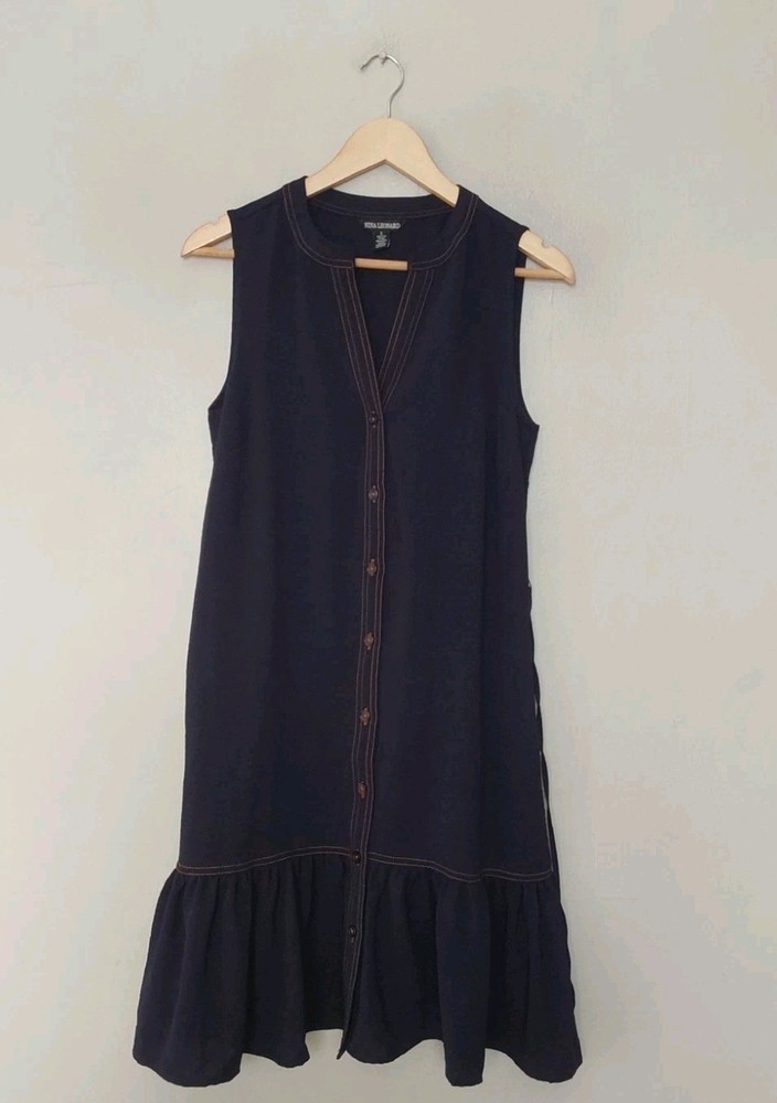 Nina Leonard Sleeveless Button Front Dress Navy Blue Size Small Chest 38&Prime; QVC