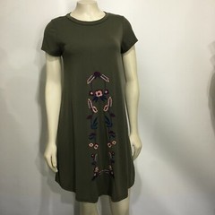 Alya S Moss Green Embroidered Flowers Knee-Length Cap Sleeve Dress Made in USA
