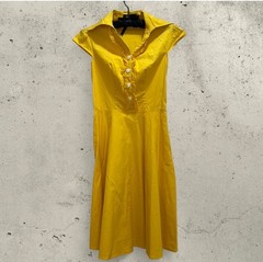 Yellow Fit Flare Heart Button Collared Midi Dress Retro 50s Pinup Rockabilly S