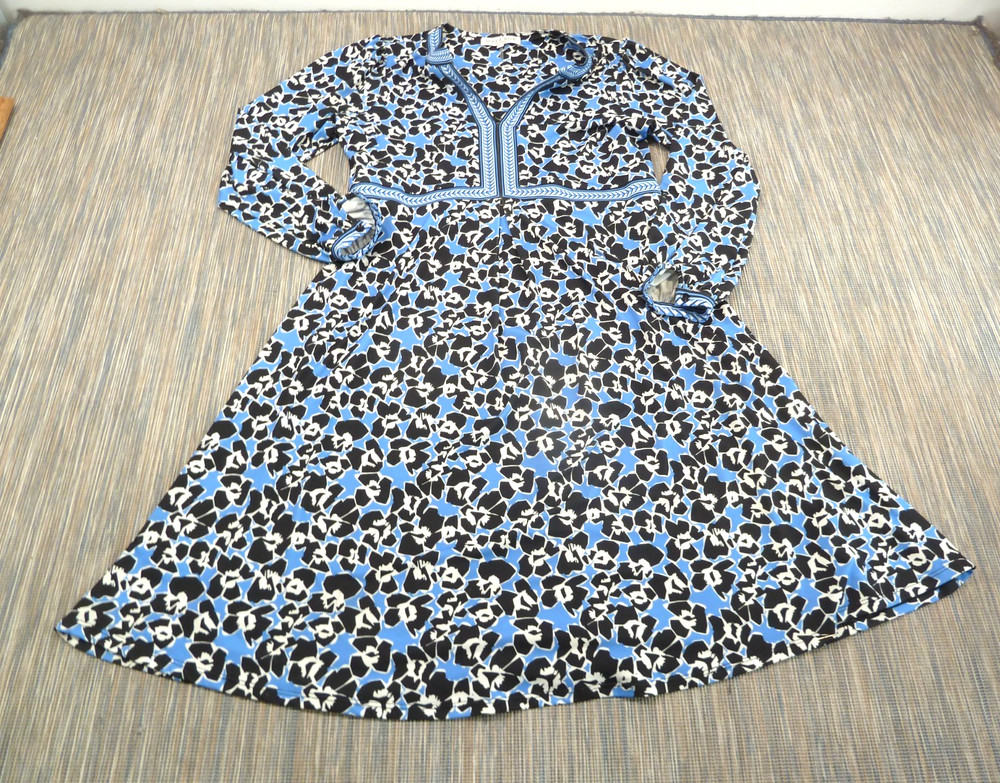Hale Bob Dress Womens Large Blue Black Floral Long Sleeve Tunic Boho LA